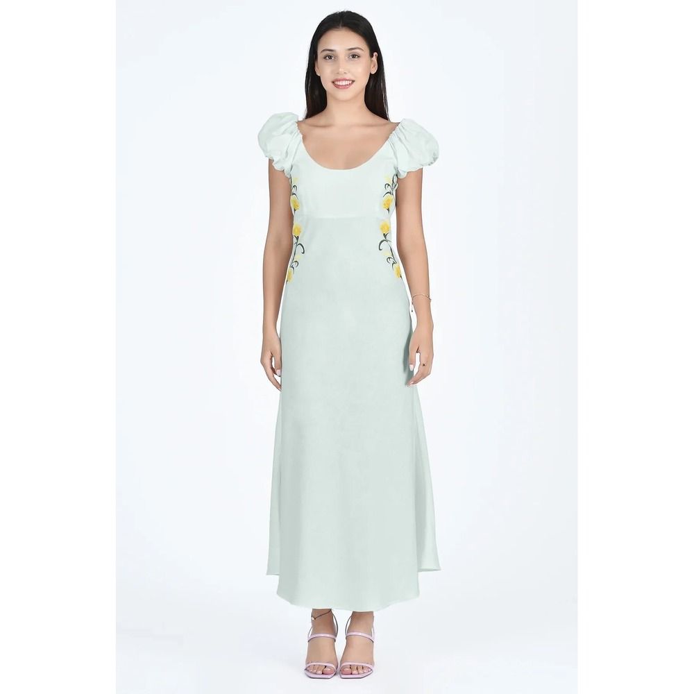 Fanm Mon Mint Green Floral Embroidered Puff Sleeve Midi Dress Women Size: M